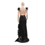 Sexy Feather Trim Cami High Slit Sequin Backless V-Neck Party Maxi Dress