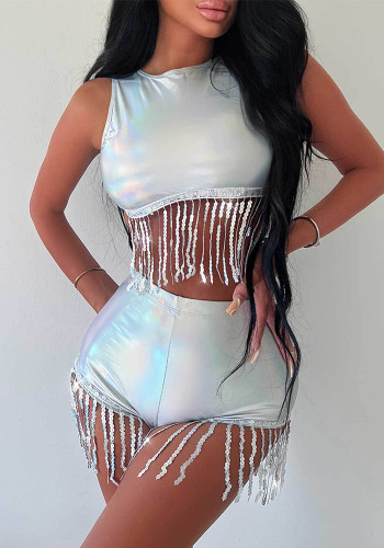 Sexy Silver Tassel Two Piece Set Tank Top +Shorts