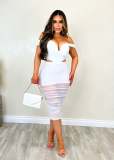 Solid Mesh Patchwork Off Shoulder See-Through Ruched Bodycon Two-Piece Skirt Set