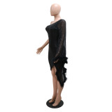 Party Slash Shoulder Fur Trim Irregular Sequin Bodycon Dress