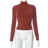 Solid High Neck Long Sleeve Tops + Pants Tight Fit 2PCS Set