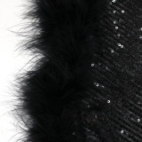 Party Slash Shoulder Fur Trim Irregular Sequin Bodycon Dress