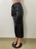 Black PU Leather Button Slit Long Skirt With Belt