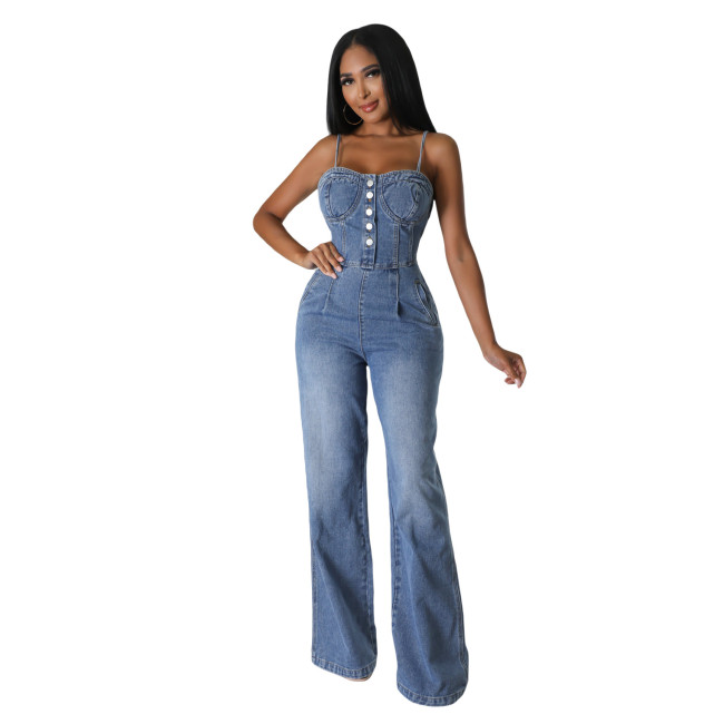 Fashion Sexy Straps Wide Leg Bell Bottom Denim Jumpsuit