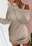 Plus Size Solid Metal Buckle Slash Shoulder Long Sleeve Bodycon Dress