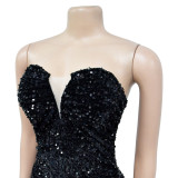 Solid Black Strapless Sequin Feather Hem Irregular Party Dress