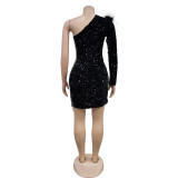 Fashion Sequin One Shoulder Sequin Fur Trim Slit Bodycon Dress