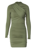 Solid Color Long-Sleeved Ruched Slim-Fit Fashion Dress