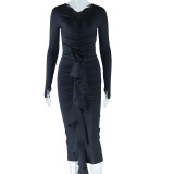 Black V-Neck Long Sleeve Flower Deco Irregular Ruched Bodycon Dress