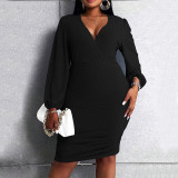 Plus Size Black Puff Sleeve V Neck Bodycon Dress