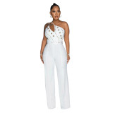 Stylish Beaded Cutout Slim One Shoulder Wide Leg Belted Jumpsuit