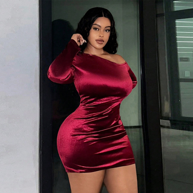 Plus Size Velvet Sexy Slash Shoulder Long Sleeve Mini Bodycon Dress