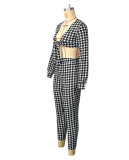 Plus Size Fashion Houndstooth Print Long Sleeve Top and Pants Two Piece Set