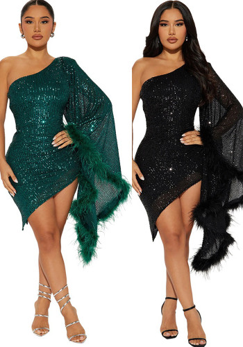 Party Slash Shoulder Fur Trim Irregular Sequin Bodycon Dress