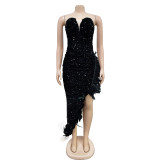 Solid Black Strapless Sequin Feather Hem Irregular Party Dress