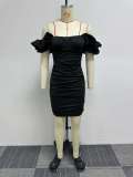 Slim Sexy Black Off Shoulder  Puff Sleeve Ruched Bodycon dress