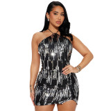 Contrast Color Halter Low Back Sequin Sexy Party Dress