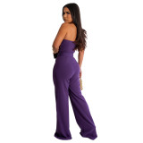 Stylish Beaded Cutout Slim One Shoulder Wide Leg Belted Jumpsuit