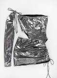 Sexy Metallic Strapless Irregular Crop Top + Skirt + One Sleeve Bodycon 3PCS Set