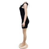 Fashion Feather Trim Cami Sequin Sleeveless Bodycon Mini Dress