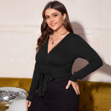 Plus Size V Neck Knotted Wrapped Crop Top