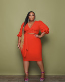 Plus Size Solid Sexy Puff Sleeve V-Neck Two Piece Skirt Set