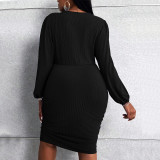 Plus Size Black Puff Sleeve V Neck Bodycon Dress