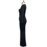 Black Long Sleeve Irregular Neckline Sexy Slim Back Slit Maxi Dress