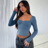 Solid Square Neck Long Sleeve Ruched Side Slit Top