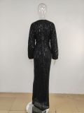 Sequined Long Sleeve V-Neck Sexy Maxi Evening Dress