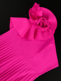 Hot Pink Sexy Flower Slash Shoulder Pleated Long Dress