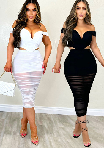 Solid Mesh Patchwork Off Shoulder See-Through Ruched Bodycon Two-Piece Skirt Set