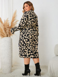 Plus Size Print V-neck Long Sleeve Loose Casual Dress(without belt)