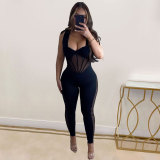 Sexy Solid Mesh Patchwork Sleeveless Drawstring Tight Jumpsuit