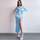 Sexy Solid Long Sleeve Cut Out Lace Up Slit Maxi Dress