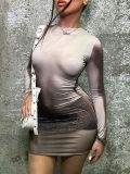 Printed Long Sleeve O-Neck Fashion Bodycon Dress