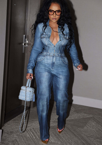 Printing Long Sleeve Button Jumpsuit