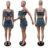 Denim Straps 3D Pocket Crop Top and Skirt 2PCS Set