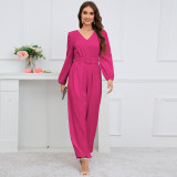 Casual Solid V-Neck Long Sleeve Straight Leg Jumpsuit with Belt