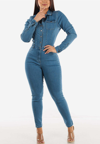 Light Blue Long Sleeve Washed Slim Denim Jumpsuit