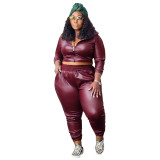 Plus Size Solid PU Leather Zipper Crop Top Two-Piece Pants Set