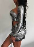Sexy Metallic Strapless Irregular Crop Top + Skirt + One Sleeve Bodycon 3PCS Set