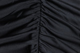 Black V-Neck Long Sleeve Flower Deco Irregular Ruched Bodycon Dress