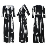 Black and White V-Neck Elegant 3/4 Sleeve Long Dress