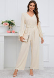 Casual Solid V-Neck Long Sleeve Straight Leg Jumpsuit with Belt