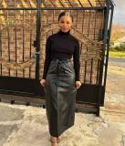 Black PU Leather Button Slit Long Skirt With Belt
