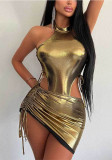 Sexy 2PCS Set Metallic Halter Bodysuit +Drawstring Bodycon Skirt