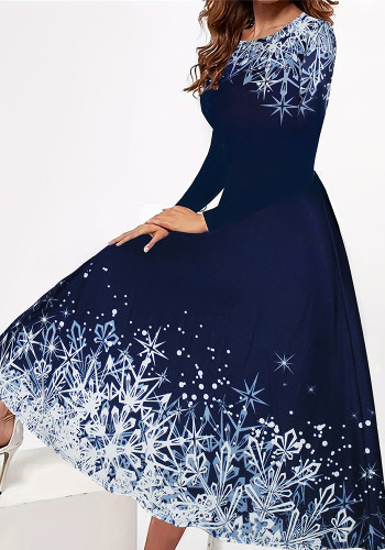 Christmas Snowflake Print Round Neck A-Line Plus Size Swing Dress