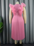 Pink Mesh Ruffles Sleeveless High Waist Pleated Dresses