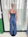 Fashion Sexy Straps Wide Leg Bell Bottom Denim Jumpsuit